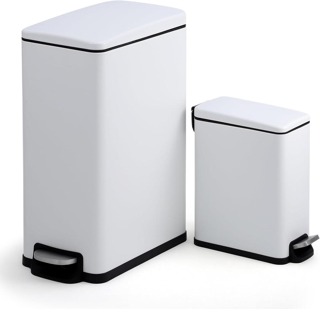 Garvee 12 Gal and 2.6 Gal Stainless Steel Trash Can Combo Set, Slim Garbage Can for Kitchen and Bathroom, Metal Trash Bin with Removable Inner Bucket & Step On Foot Pedal, White