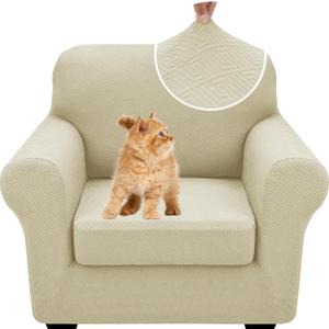 XINEAGE New 2 Pieces Chair Covers with Arms Super Stretch Chair Slipcover for Living Room Pet Dog Universal Slip Cover Anti Slip Armchair Furniture Protector (Light Beige), 31"-46"(1 Cushion)