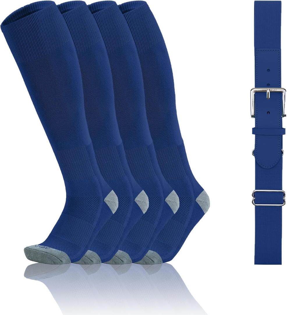 QBK Toddler Baseball Socks And Belt Youth Softball Tee Ball Combo Set for Boy Girl (2 Pairs of Socks & 1 Belt) Royal Blue 2-4T
