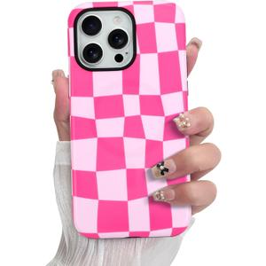 SOKAD Magnetic Checkered Phone Case for iPhone 13 Pro Max, Cute Grids Plaid Checkerboard Pattern Compatible with Magsafe Matte Protective Case Cover with Screen Protector for Girls Women, Hot Pink