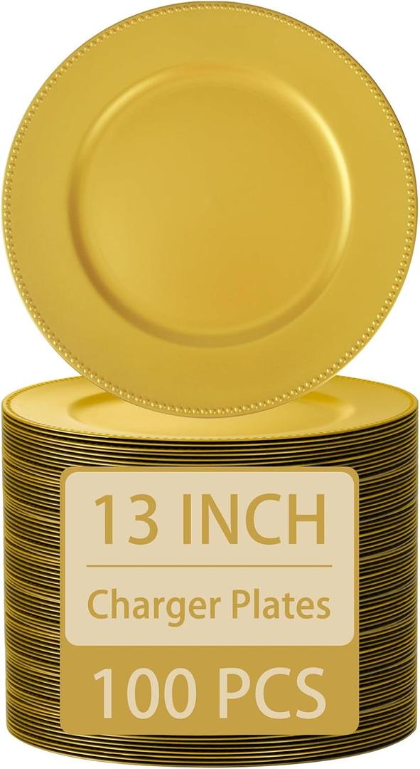 supernal 100pcs Charger Plates bulk,Gold Plastic Chargers Plates For Dinner With Bead Rimed,13inch Plastic Round Chargers for Table Event Decoration for Wedding,New Year Party,Holiday