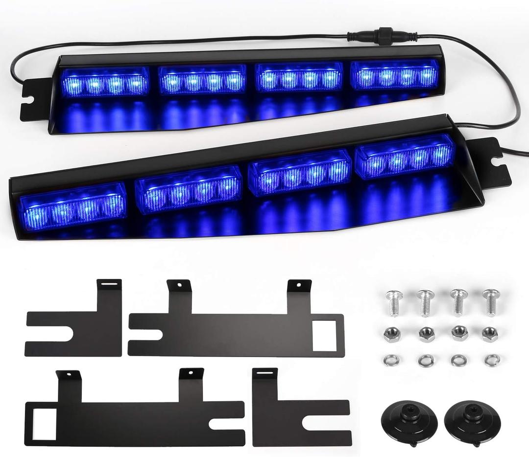 ASPL 32LED Visor Lights 26 Flash Patterns Windshield Emergency Hazard Warning Strobe Beacon Split Mount Deck Dash Lamp With Extend Bracket (Blue)