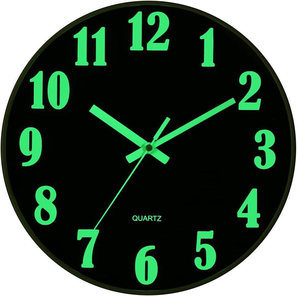 JoFomp Glow in The Dark Clock, 12 Inch Modern Silent Non Ticking Wall Clocks Battery Operated, Night Light Wall Clock for Living Room Decor, Wall Clock Decorative for Kitchen Bedroom (Black)