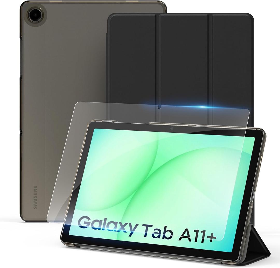 CACOE Case for Samsung Galaxy Tab A11+/ A9+ Plus 11 Inch 2025 with Screen Protector, Ultra Slim Stand Protective Smart Cover Hard PC Translucent Back Shell, Auto Wake/Sleep, Black