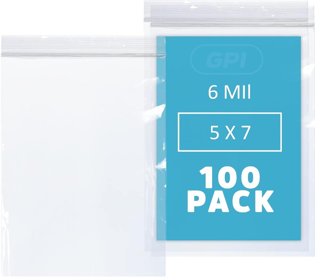 GPI - 6 Mil, Extra Heavy-Duty, 5" x 7" Clear Plastic Reclosable Zip Bags, Puncture-Resistant, Strong Resealable Poly Bags, With Lock Zipper Seal, For Screws, Nuts, Bolts & Constuction, 100 Count