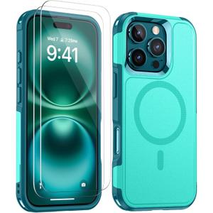 Lanhiem Magnetic for iPhone 16 Pro Case, [2 Pack Tempered Glass Screen Protector][Compatible with MagSafe][Military Grade Shockproof] Heavy Duty Tough Rugged Cover for iPhone 16 Pro (6.3") - Teal