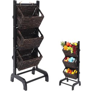 Wicker 3 Tier Foldable Storage Basket Floor Rack with Market Storage Basket Water Hyacinth Storage Rack Hand Woven Laundry Rack for Bathroom Kitchen Laundry Room Living Room Storage (Brown)