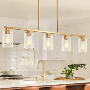 Mecgirn Island Light for Kitchen, Brushed Gold Dining Room Light Fixture Over Table, 5-Light Linear Chandelier Pendant Lighting for Dining Table Kitchen Island Living Room, 5 Light + Clear Glass