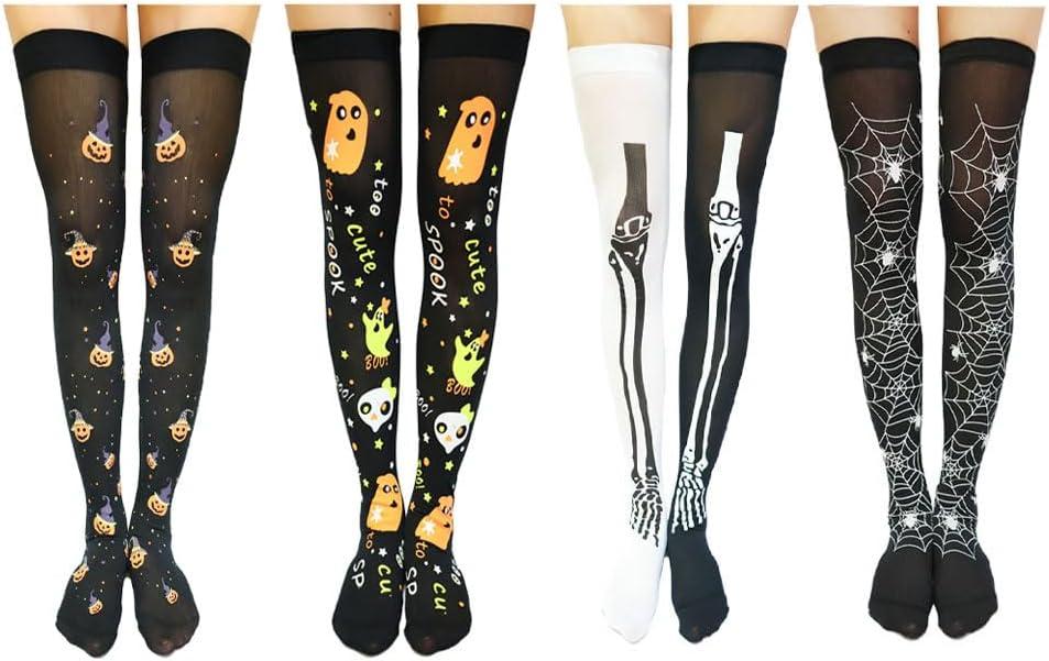 EraSpooky Halloween Thigh High Stockings 4-Pack Tights Set  Skeleton Spiderweb Pumpkins Ghosts