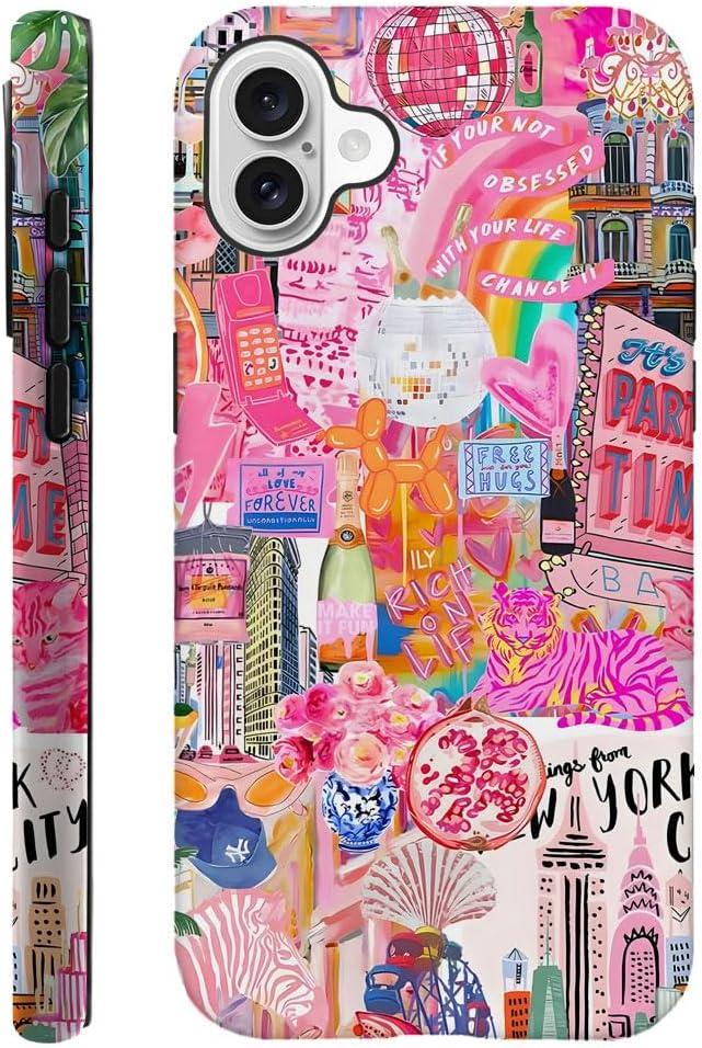 Generic Case Compatible with iPhone 16,Scratch Resistant Hybrid 2-Layer Hard Shell Phone Case,Pink Disco Collage