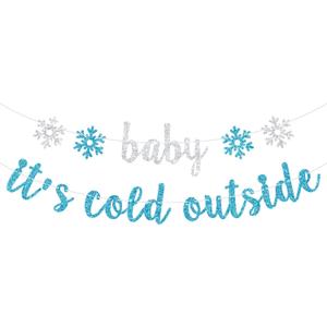 Baby It's Cold Outside Banner, A Little Snowflake is on the Way, Welcome Sweet Snowflake, Winter Boys Baby Shower Gender Reveal Party Decorations Blue Glitter
