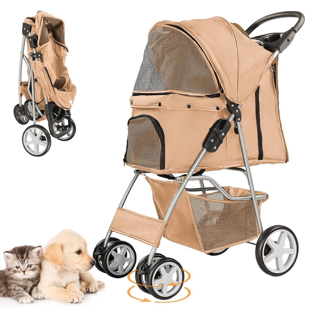 Pet Stroller for Small Dogs and CatsQuick-Folding Portable Travel Cat Dog Stroller with Storage Basket and Cup Holder, 4 Wheels, Beige