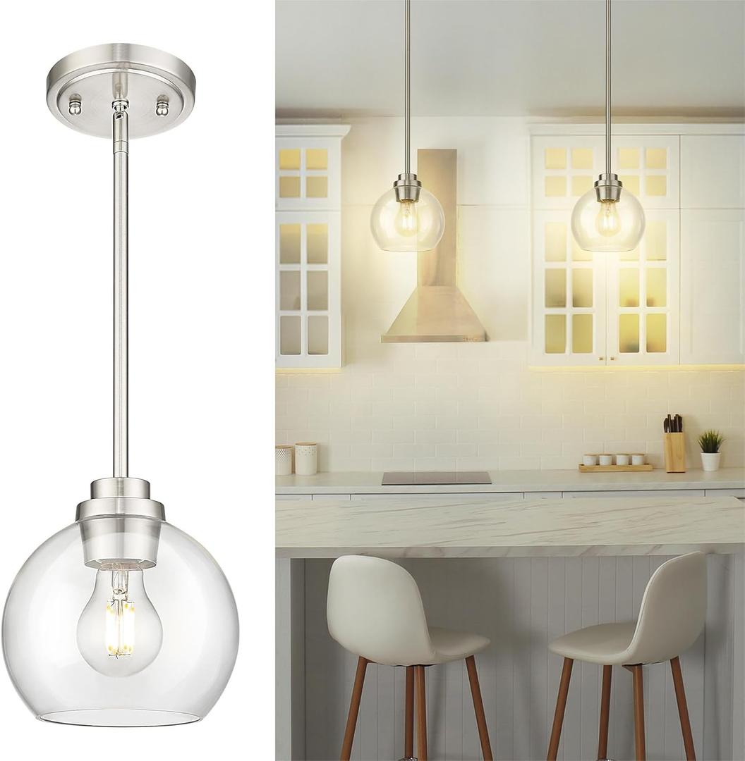 Pendant Lights Kitchen Island, 7" Modern Brushed Nickel Hanging Lights Fixtures with Clear Glass Globe Shade, Kitchen Island Lighting for Bathroom, AD-22280-1P-SN-C, 1 Pack