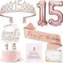 15th Birthday Decorations for Girls, 15th Birthday Sash and Crown, Pop Up Card, Cake Topper, Number Candles and Balloons, 15 Year Old Gifts for Girls