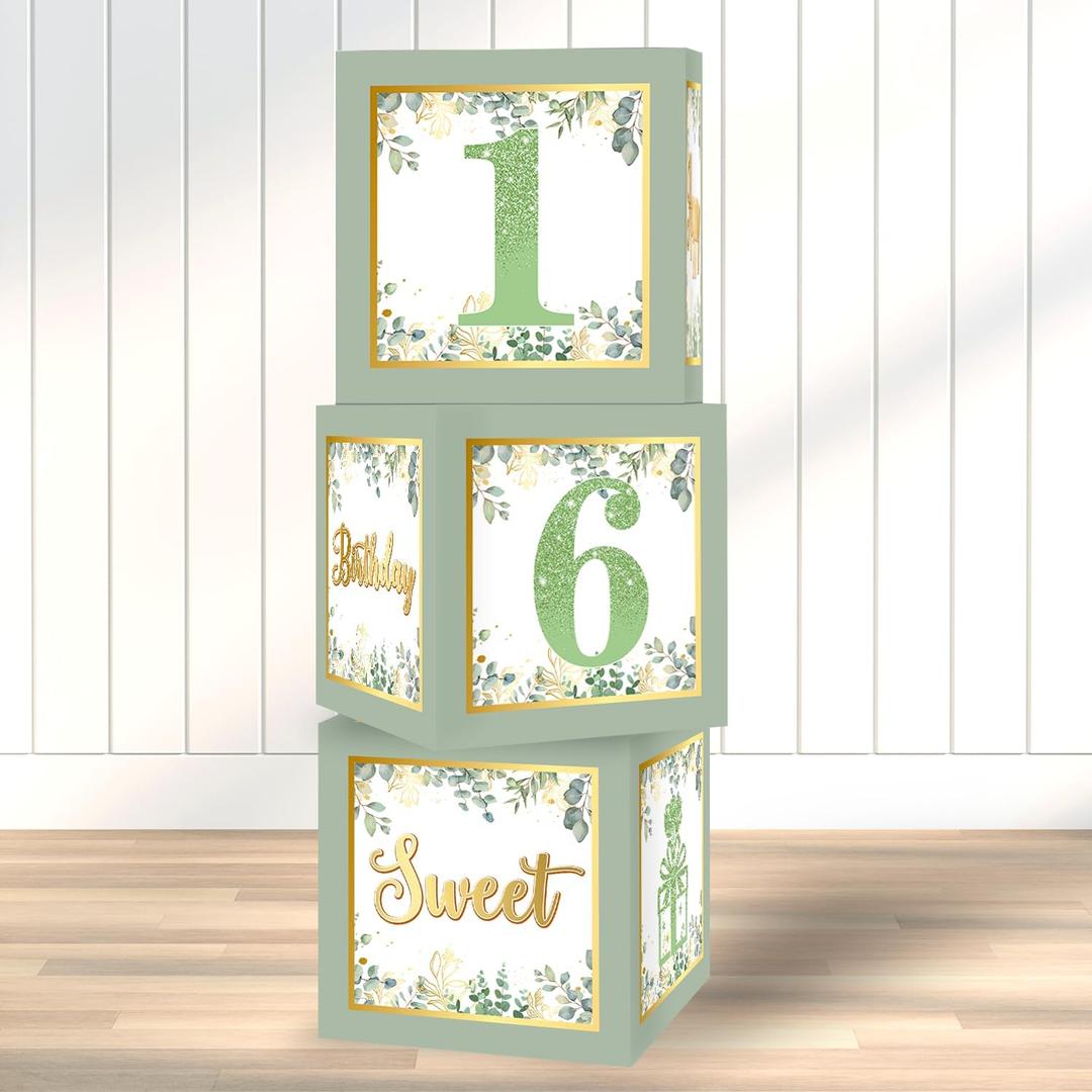Sweet 16 Party Decorations Boxes - 3Pcs Sage Green and Gold 16th Birthday Decorations Balloons Boxes for Girls Women Sweet Sixteen Party Cardboard Box Decor, 16th Birthday Party Supplies