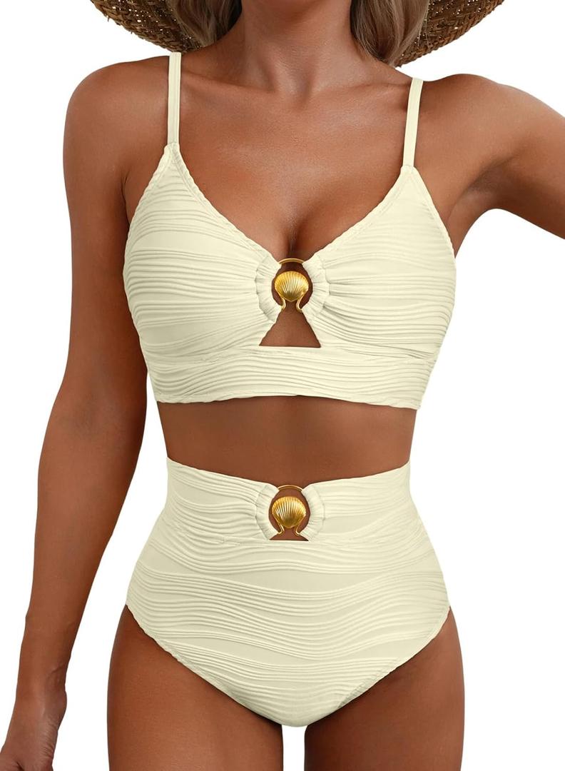 Herseas Womens 2 Piece Bikini Sets High Waisted Metal Ring Textured Swimsuit 2026 Summer Bathing Suits Beach Swimwear (Small, Beige)