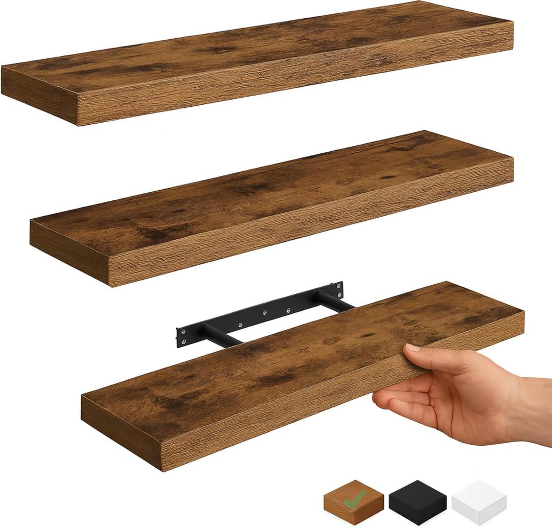 Vervida 3 Pack Rustic Brown Floating Shelves, 24" W x 7.9" D x 1.5" H, Holds Up to 38 Lbs, for Living Room, Bedroom, Bathroom, Kitchen, Office, Storage, Display, with Invisible Brackets Wall Shelves, 24x7.9