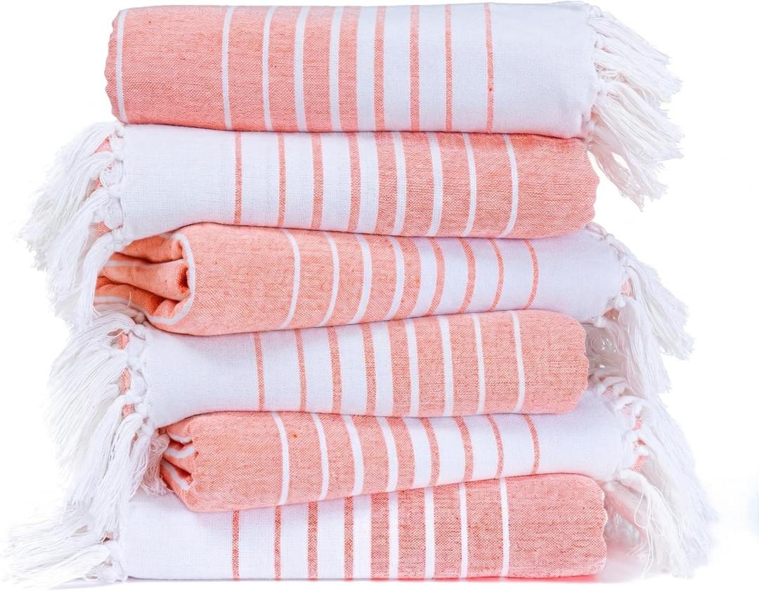 Native Fab Turkish Stripe Beach Towels - Set of 6-40x71 inches 100% Cotton Quick Dry Lightweight Thin Sand Free - Oversized Peshtemal Towel for Adults, Travel, Bath, Spa, Camp - Red Orange