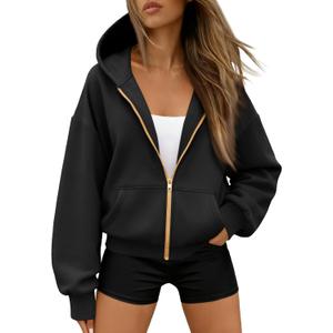 Trendy Queen Womens Zip Up Hoodies Fall Fashion Sweatshirt 2026 Clothes Y2K Cropped Jackets Cute Winter Outfits (Medium, Black)