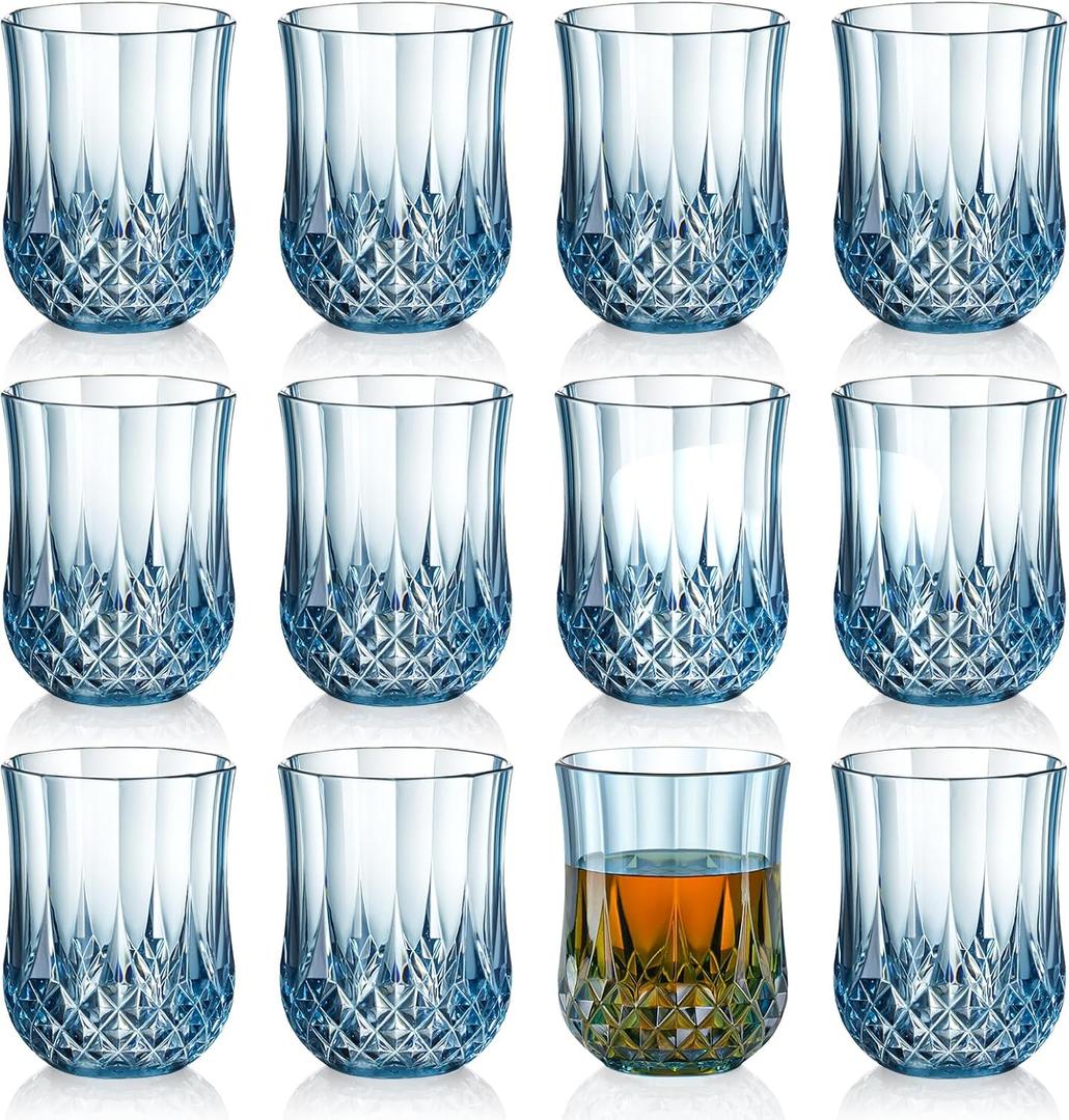 12 PCS Blue Plastic Mini Vintage Shot Glasses 3 oz Crystal Tequila Glasses Small Whiskey Glasses Vodka Glass Set Clear Disposable Liquor Cups Espresso Shot Cups for Party Weddings Gifts Birthday