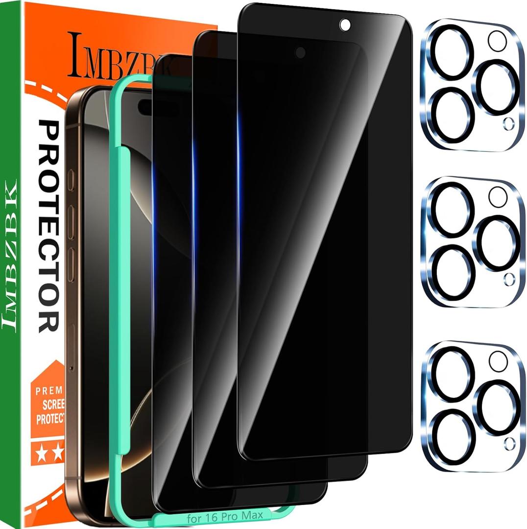 IMBZBK Privacy Screen Protector for iPhone 16 Pro Max Tempered Glass Accessories with Camera Lens Protector, Anti Spy Case Friendly [3+3 Pack]
