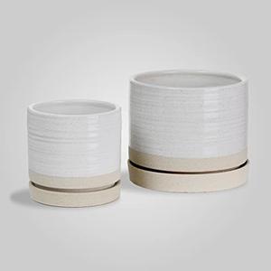 8 Inch Plant Pots, Ceramic Planter Pot with Drainage Hole & Saucer, Indoor/Outdoor Cylinder Round Planter Pot, Cream & Beige
