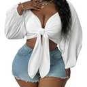WDIRARA Women's Plus Size Sexy Deep V Neck Tie Front Long Sleeve Crop Tops Blouse White Large Plus