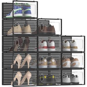 12 Pack X-Large Modular Clear Plastic Stackable Shoe Storage Organizer for Closet, Space Saving Versatile Sneaker Shoe Rack Containers Bins Holders, Portable Closet Organizers and Storage, Black02