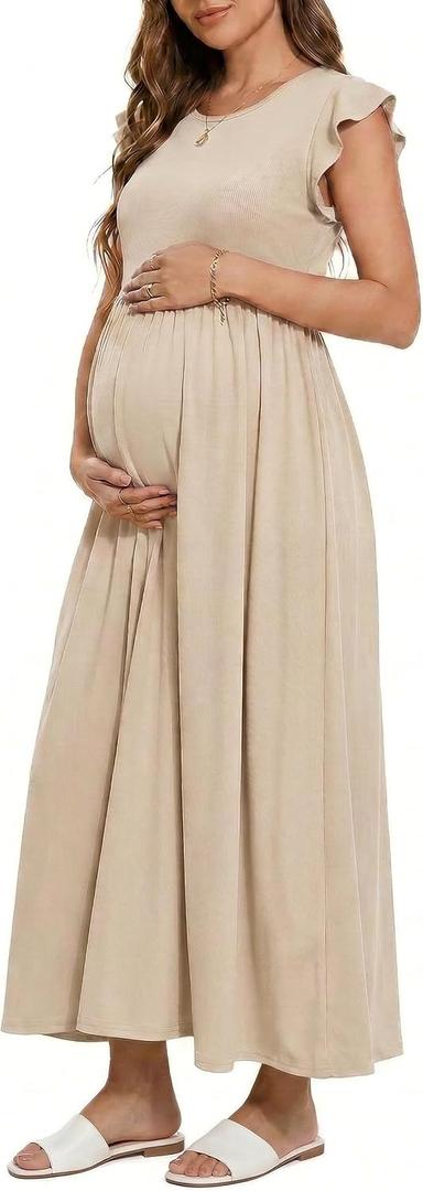 OUGES Women's Maternity Dress Summer Ruffle Sleeve Patchwork Casual Flowy Maxi Dresses with Pockets (Orange, M)