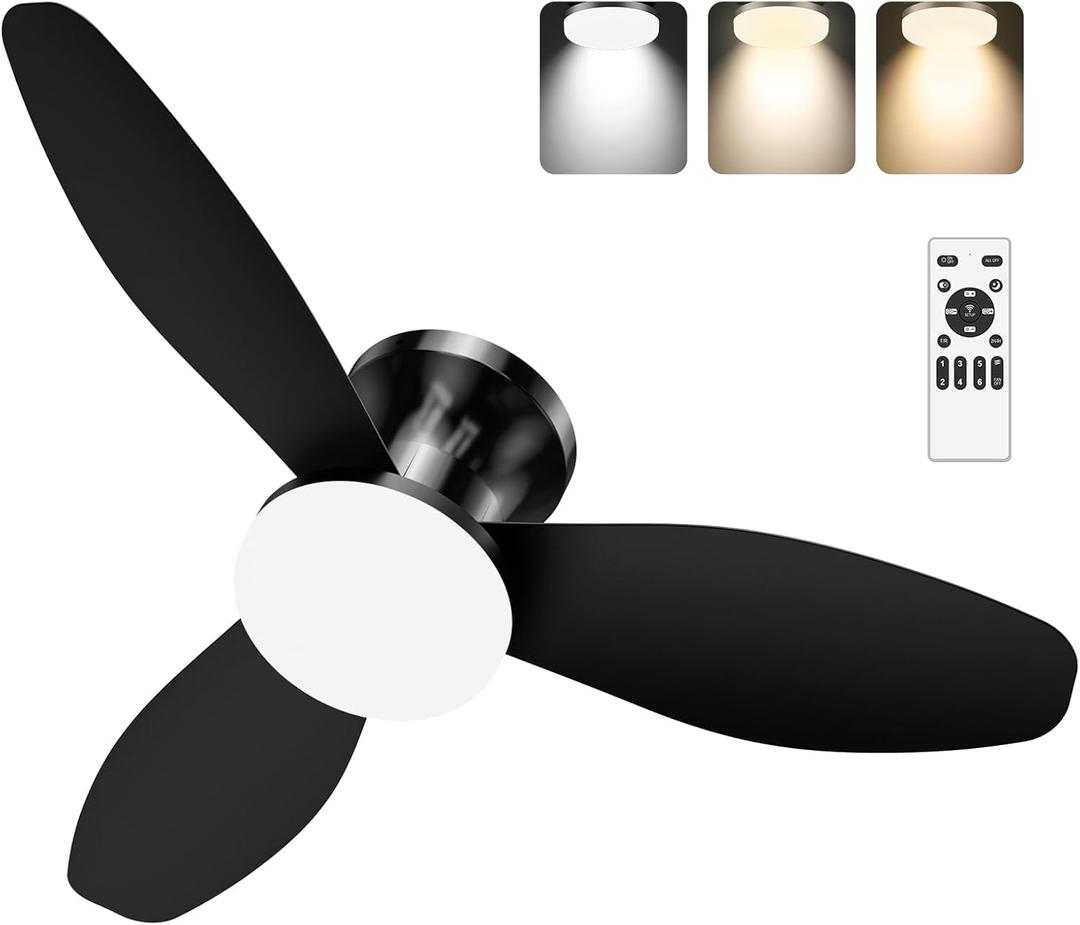 Fussion 42 inch Ceiling Fans with Lights and Remote - Black Flush Mount Low Profile Ceiling Fan with Light, LED Dimmable Modern 3 Blade Bedroom Ceiling Fan for Indoor, Living Room, Kitchen