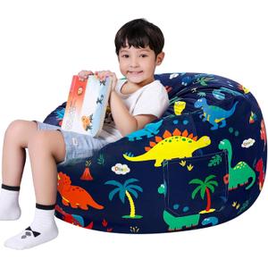Lukeight Dinosaur Stuffed Animals Storage Bean Bag Chair Cover Only (Ships Empty, No Filling) - Velvet YKK Zipper Beanbag Cover for Toddlers and Kids, Washable Plush Toy Organizer, Large 27" D x 16" H