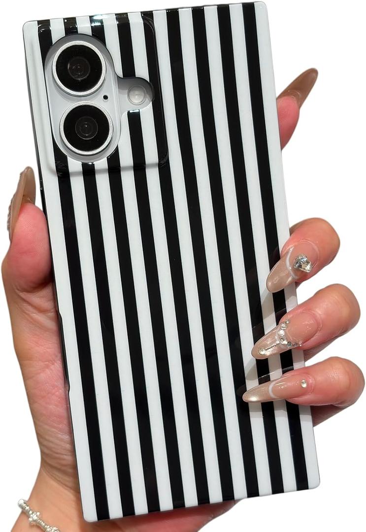 Magnetic for iPhone 16 Cute Striped Phone Case, Black White