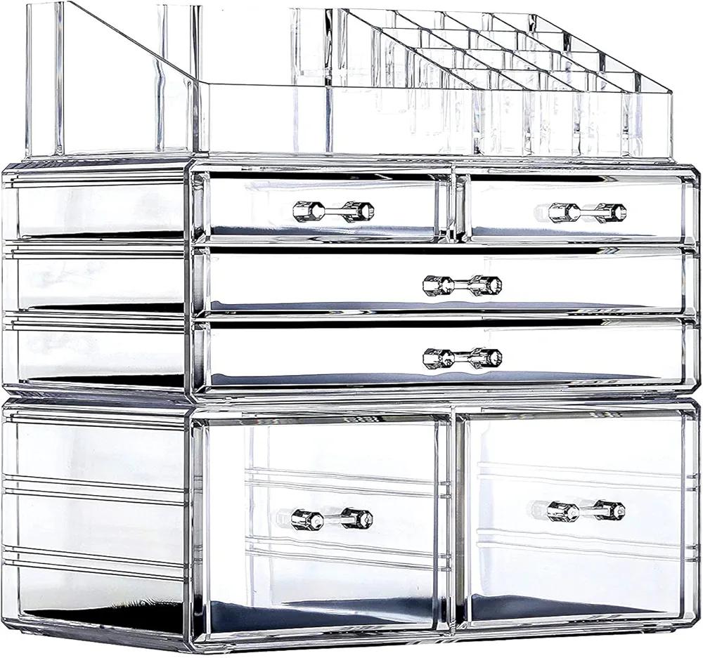 Cq acrylic 3 Pack Clear Makeup Storage Organizer,Stackable 6 Drawers Make Up Organizers,Cute Desk Organizer for Vanity Jewelry,Hair Clip,Beauty,Skincare Product Bathroom Counter Organizers and Storage