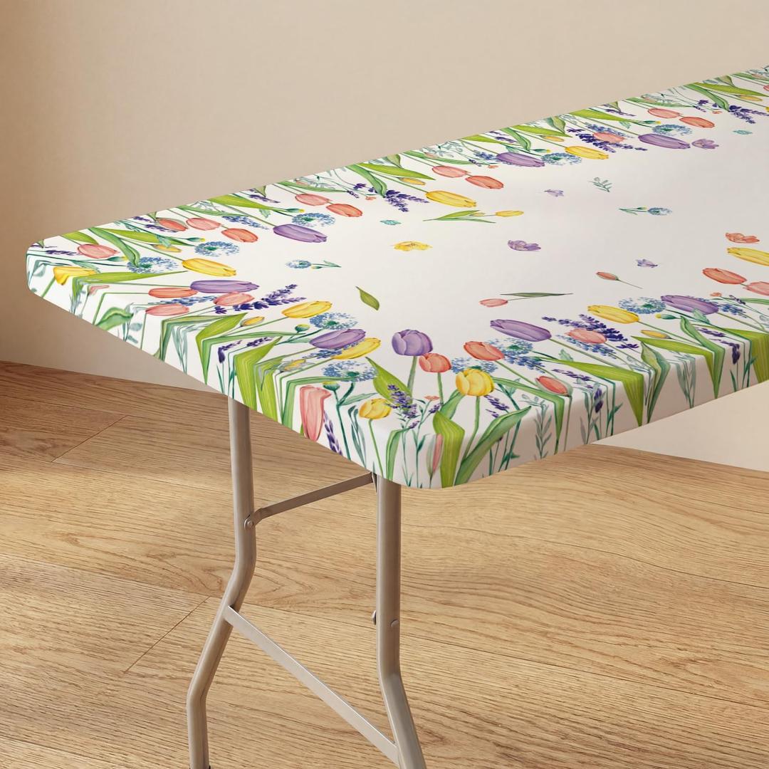 Horaldaily Spring Fitted Tablecloth 72 x 30 Inch Rectangular, Spring Tulips Floral Butterfly Washable Table Cover Elastic Edged for Dinning, Picnic, Camping, Banquet