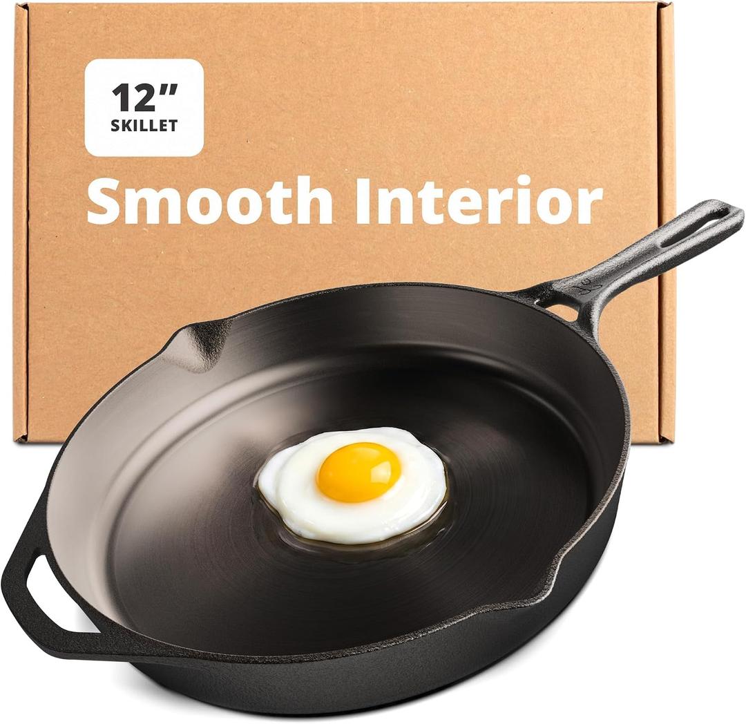 Greater Goods 12" Cast Iron Skillet, Smooth Surface, Nonstick-Like Release
