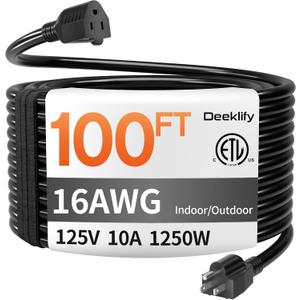 16/3 100 FT Black Outdoor Extension Cord Waterproof, Black 16 Gauge Extension Cord Flexible and Cold Resistant 3 Prong Grounded Plug,10Amp 1250W SJTW ETL Listed