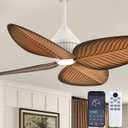 52"Tropical Ceiling Fans with Lights, Indoor Palm Leaf Ceiling Fan with Light and Remote for Living Room Bedroom, ABS Blades, Dimmable LED Lights, 6 Speeds, Adjustable Height-Light Wood Grain