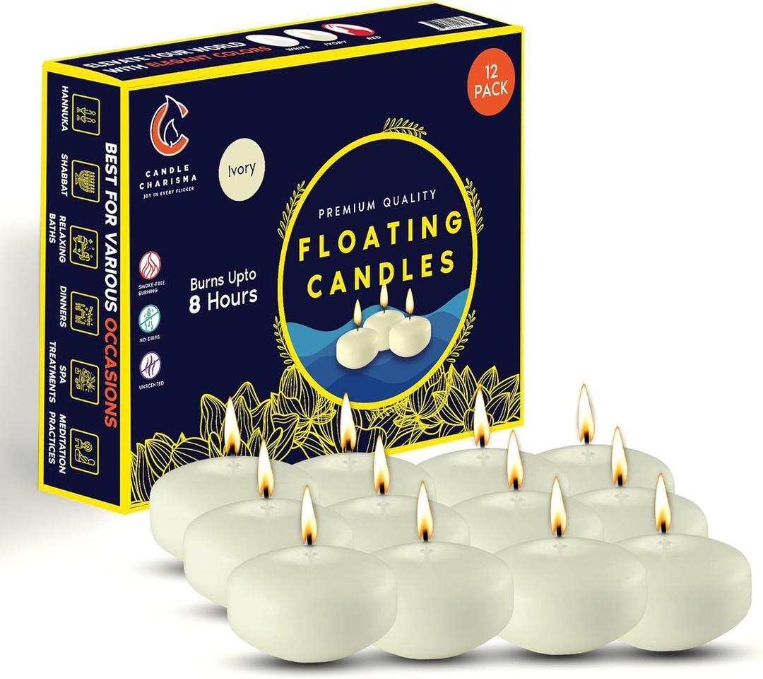 Candle Charisma Ivory Floating Candles 3 Inch (Set of 12)  8-Hour Dripless, Smokeless Burn with Natural Flickering Flame  Perfect for Weddings, Centerpieces, Pool Nights & Special Events