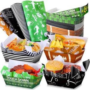 Honeydak 100 Pcs Football Serving Trays 1.1 lb 50 Paper Football Food Serving Boats with 50 Grease Resistant Liner Papers for Birthday Party Supplies Sport Game Event Favors