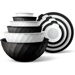 COOK WITH COLOR Mixing Bowls with Lids - 12 Piece Plastic Nesting Bowls Set includes 6 Prep Bowls and 6 Lids, Diamond Design - Microwave Safe, Black and White