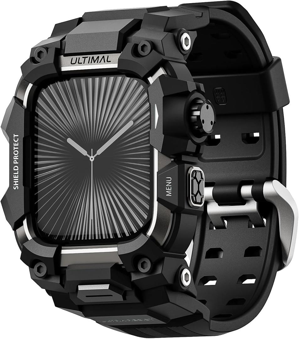 ULTIMAL Rugged Case with Band for Apple Watch 46mm,Compatible with Apple Watch Series 10, Military Grade Shockproof Bumper Cover for iWatch Tactical Band Men (46mm,Black) (46mm, Black)