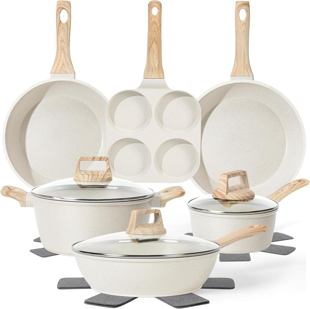 13 Pcs Pots and Pans Set, Nonstick Cookware Sets White Granite Induction Cookware, Non-toxic Healthy Non stick Kitchen Cooking Set with Frying Pans Set, Saucepans (PFAS/PFOA/PFOS Free)