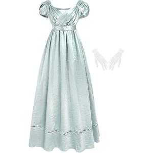 LTAKK Regency Dress Women Regency Costume Empire Waist Tea Party Victorian Gown with Lace Gloves, L