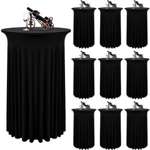 10 Packs Round Cocktail Table Skirt 24"x 43" Spandex Stretch Cocktail Tablecloth with Wavy Drapes, Black Spandex Fitted High Top Table Covers for Wedding Bar Party Birthday Banquet Tables