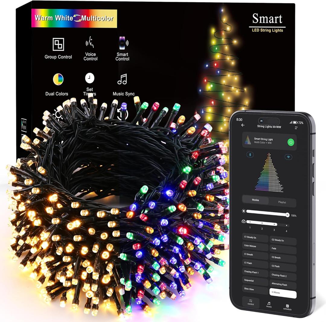 BrizLabs Smart Christmas Lights, 180FT 500 LED Color Changing Christmas Lights with App/Voice Control, Dimmable Warm White & Multicolor Mini Light String, Decorative Xmas Light for Indoor Outdoor Tree