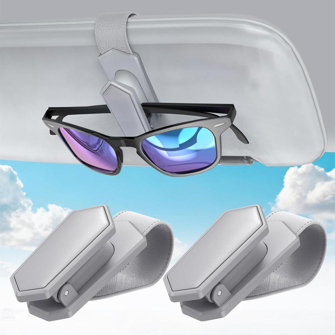 Veharvim Sunglass Holder for Car (One-Handed-Operation, Gentle & Secure Hold, Silicone Padded, Universal Fit, Metal Clip) Visor Sunglass Holder Clip,Visor Sunglass Holder Car (Grey1, 2 Pack)