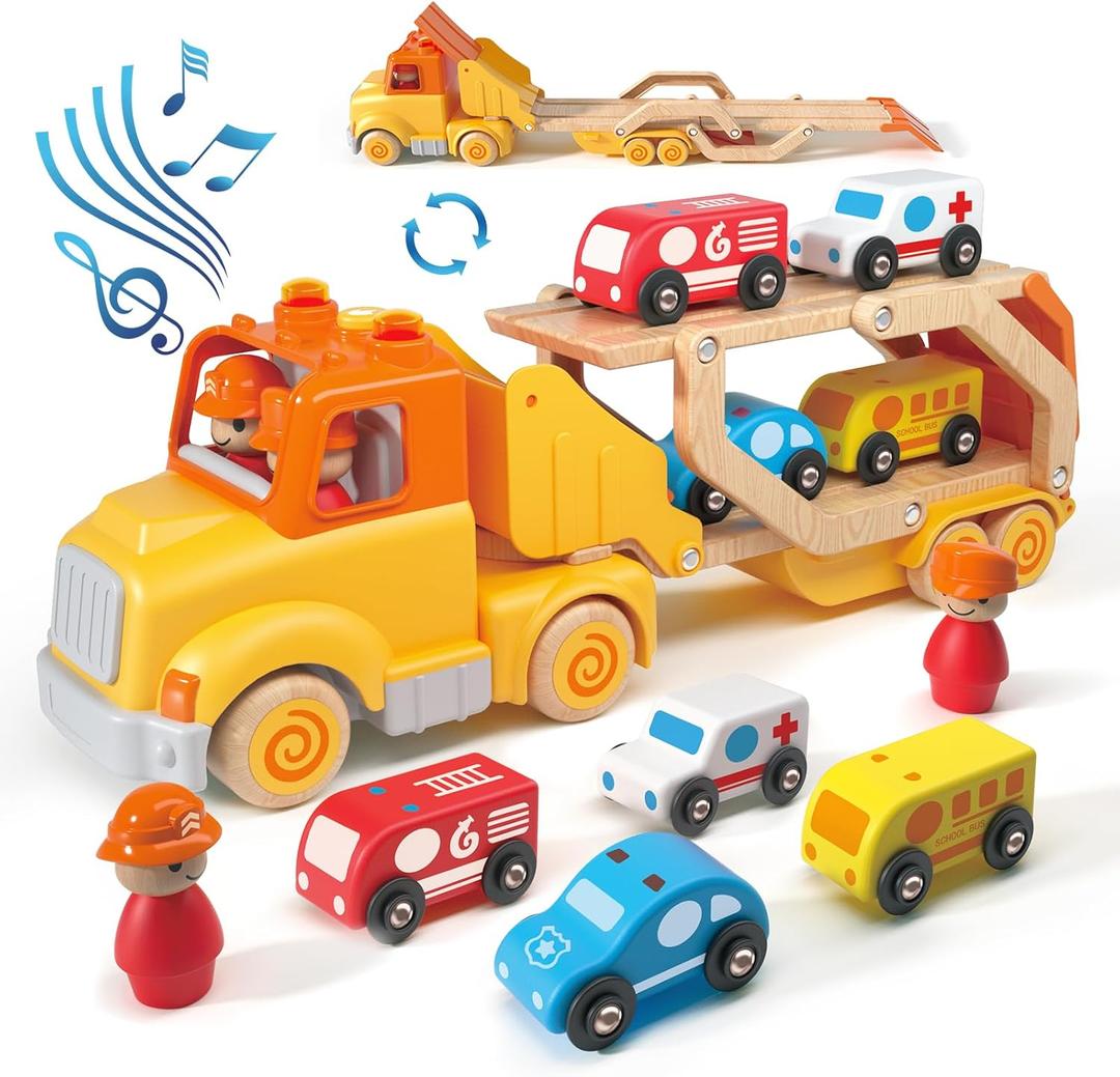 Toddler Car Toys for 2 3 4 5 Years Old Kids, Transport Carrier Truck Toy with 4 Wooden Vehicle, 24IN Foldable Track Trailer with Light & Sound Effects, Best Gift Choice for Christmas, Birthday