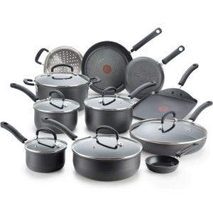 T-fal Ultimate Hard Anodized Nonstick Cookware Set 17 Piece, Oven Broiler Safe 400F, Lid Safe 350F, Kitchen Cooking Set w/Fry Pans, Saucepans, Saute Pan, Griddle, Pots and Pans, Dishwasher Safe Black