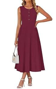 MISFAY Women's Summer Crew Neck Loose Buttons Casual Long Maxi Sleeveless Beach Shirt Dress Party Dress with Pockets(Wine Red, L)