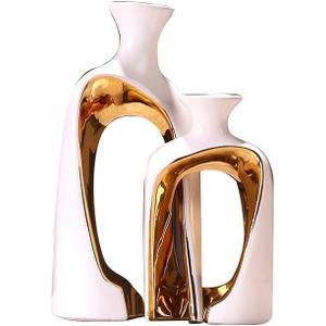 2 Pieces White Gold Ceramic vase Set Home Ceramic Decorative vase furnishings Abstract Decorative vase Office Centerpiece Decoration Suitable for Bookshelves, Fireplace
